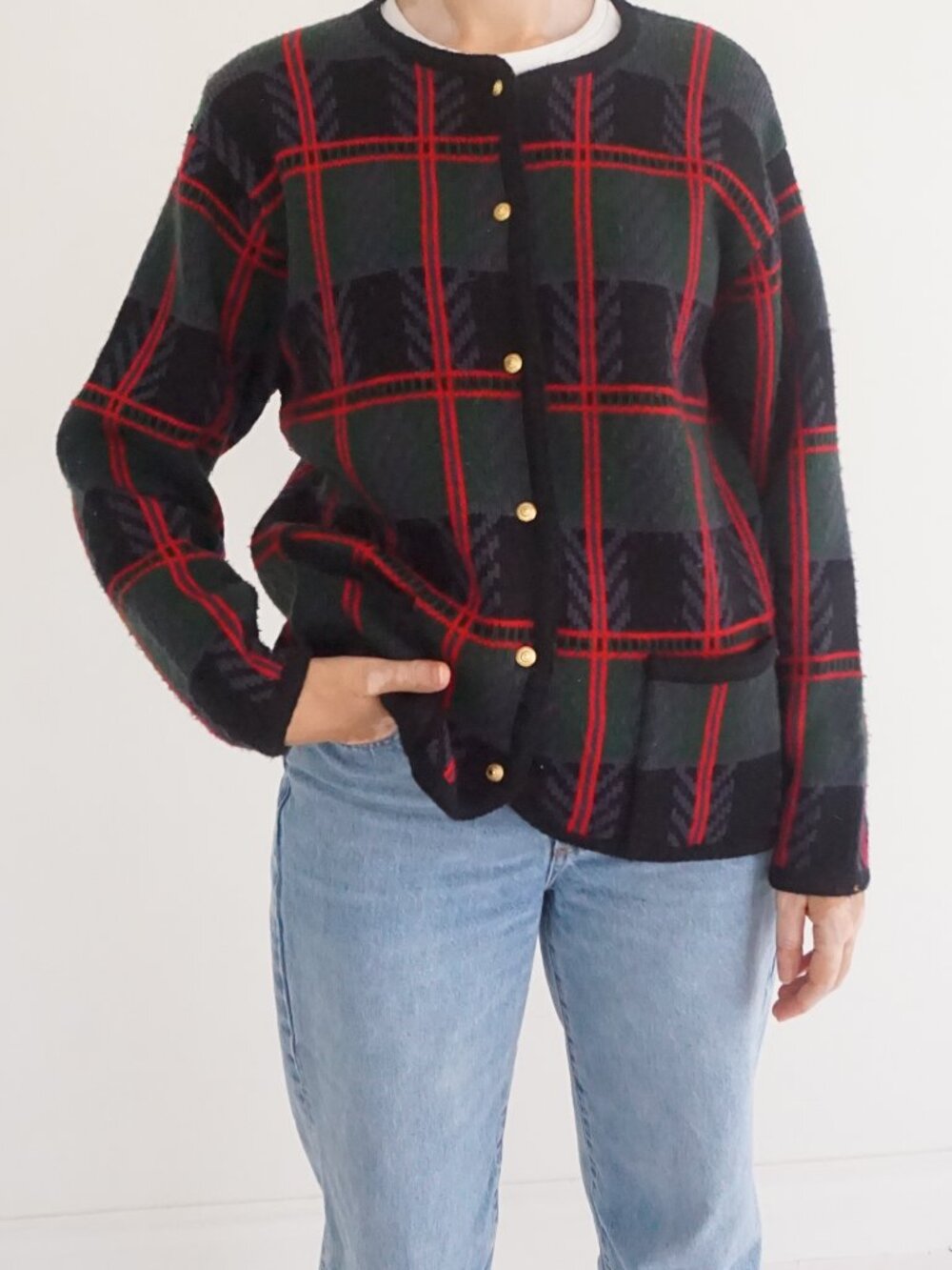 Vintage Croft & Barrow Green Red Tartan Plaid Button Front Preppy Cardigan M